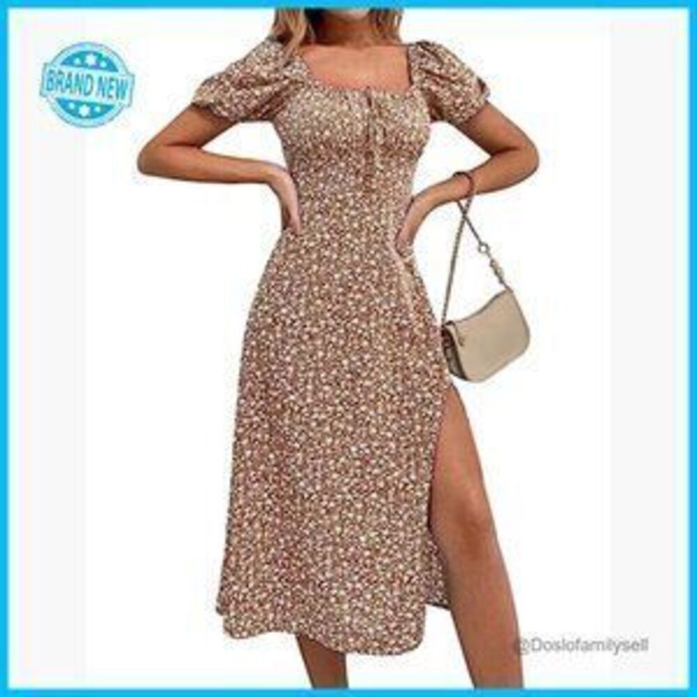Floral Boho Midi Dress Square Neck Puff Sleeve Ruched Bust High Waist Split - Picture 4 of 5